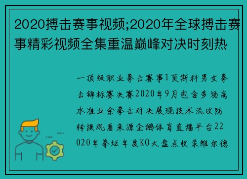 2020搏击赛事视频;2020年全球搏击赛事精彩视频全集重温巅峰对决时刻热血纪录