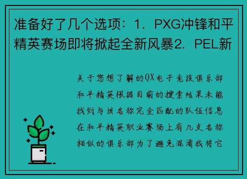 准备好了几个选项：1.  PXG冲锋和平精英赛场即将掀起全新风暴2.  PEL新赛季启航：QXG整装待发，志在巅峰在巅峰